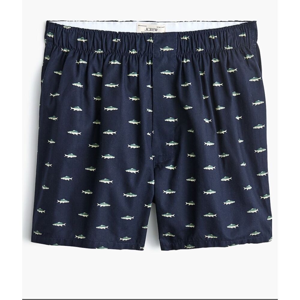 J. Crew Woven Boxer Shorts Navy Fish Print Men’s 100% Cotton, Medium (32-34) New